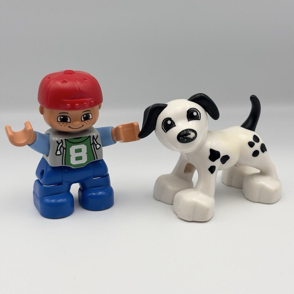 LEGO Duplo Boy Figure Green Jersey 8 Red Cap & Dalmatian Dog Spot